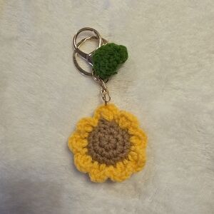 Crochet Sunflower Bag Purse Backpack Charm Keychain with Green Leaf